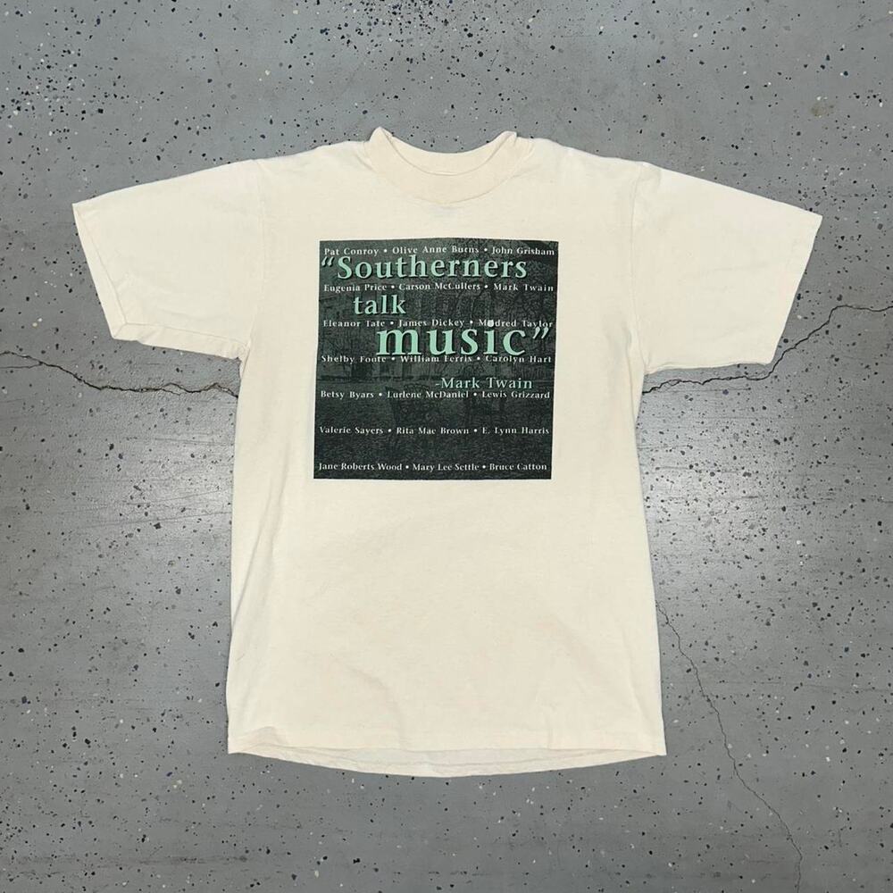 vintage 90s single stitch t-shirt with a unique saying “southern talk music”